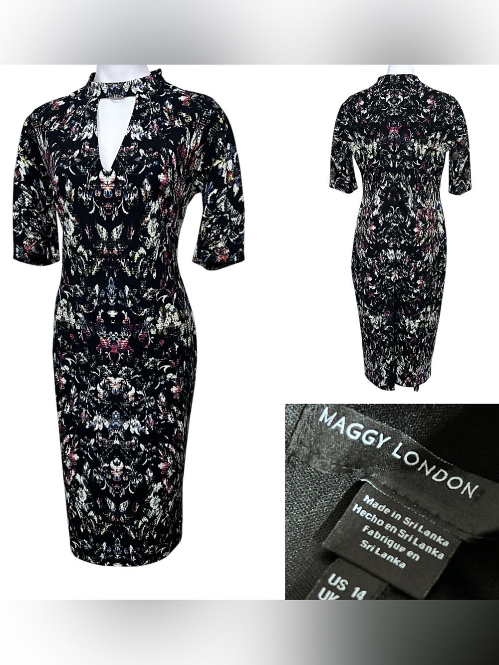 Maggy London midi dress 14 Black Floral Keyhole short slv pencil fall cocktail
